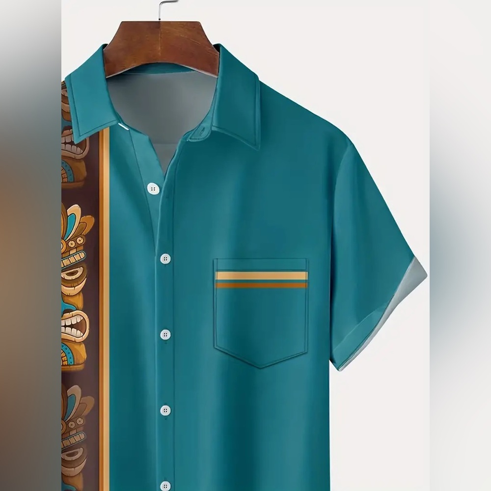 Retro Tiki Bowling Print Men's Button Up Hawaiian Shirt With Pocket, Resort